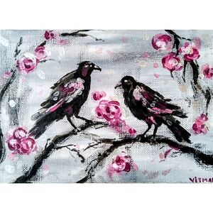 🔴 SOLD Raven Painting 5x7 – Two Black Ravens and Roses – Gothic Crow Wall Art